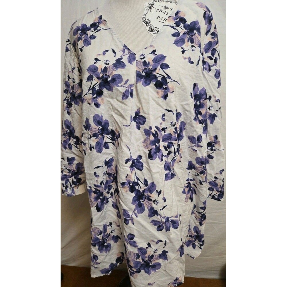 J Jill Tunic Top Size Large Floral White Purple V Neck Tunic Blouse Shirt